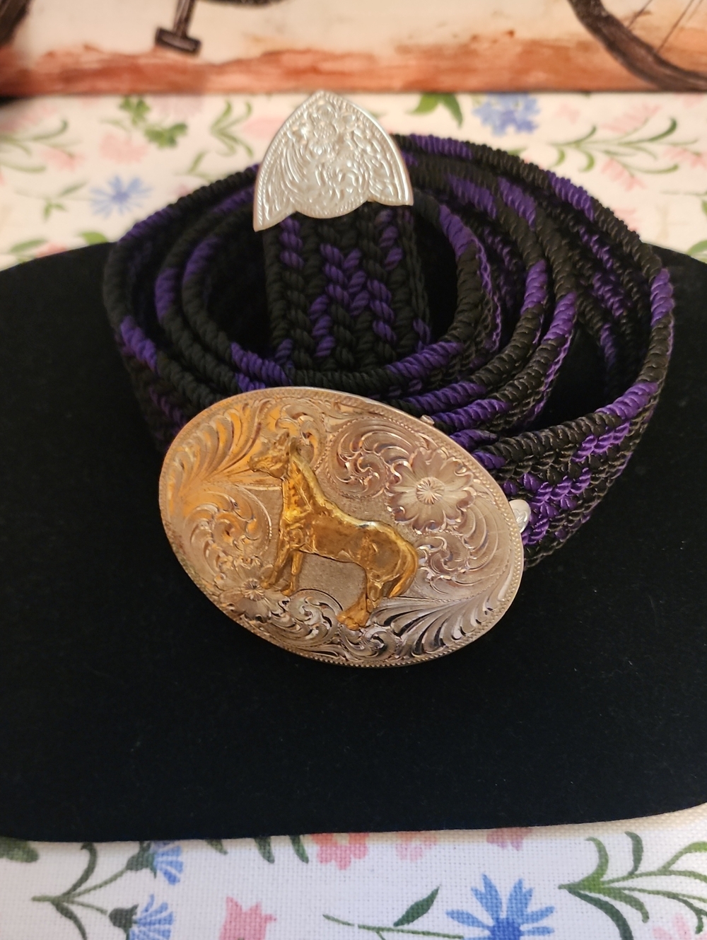 Purple & Black Braided With Horse  Belt with Silver Accent